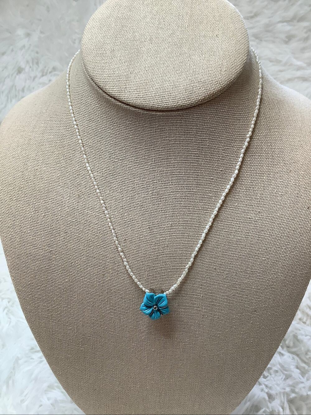 Lori Bonn Sterling Silver Blue Flower Pendant Beaded Necklace Vintage Boho A1-25